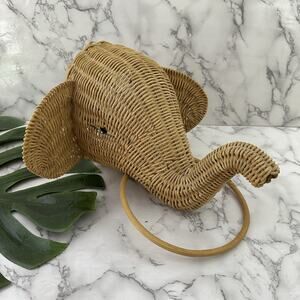 Vintage Wicker Woven Elephant Towel Holder Tan Brown Natural Boho Animal Decor